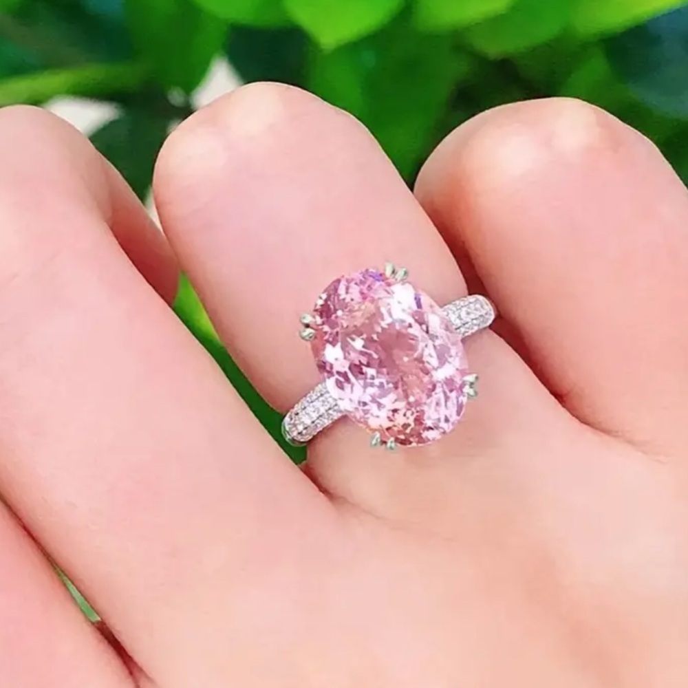 Pink Oval Morganite Halo Ring in Silver Tone